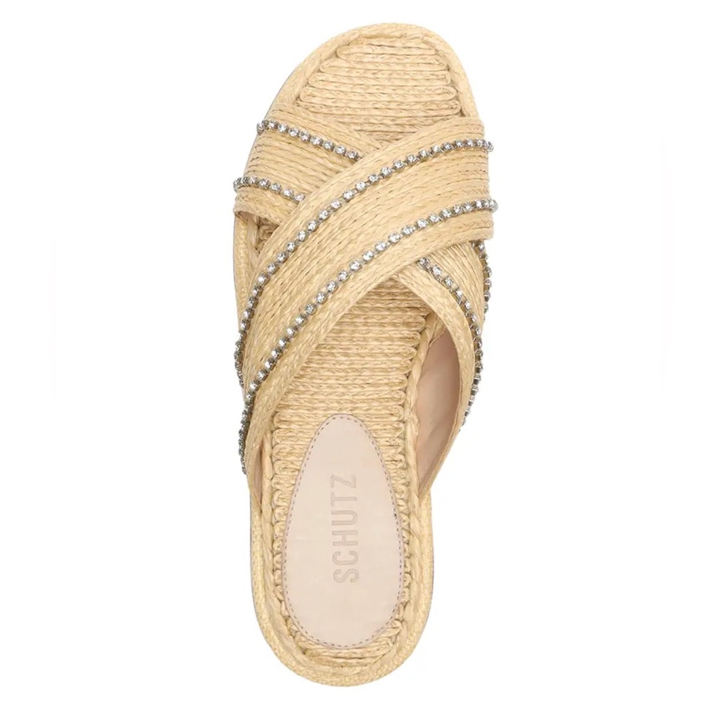 Schutz Carlotta Crystal Stud Crisscross Woven Raffia  Sandals 7.5